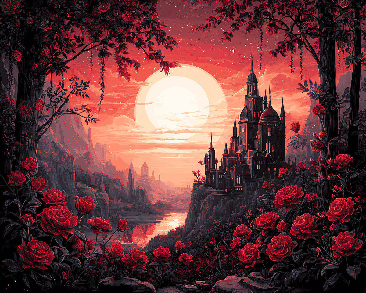 Dark castle surrounded by red roses cross stitch kit for beginners