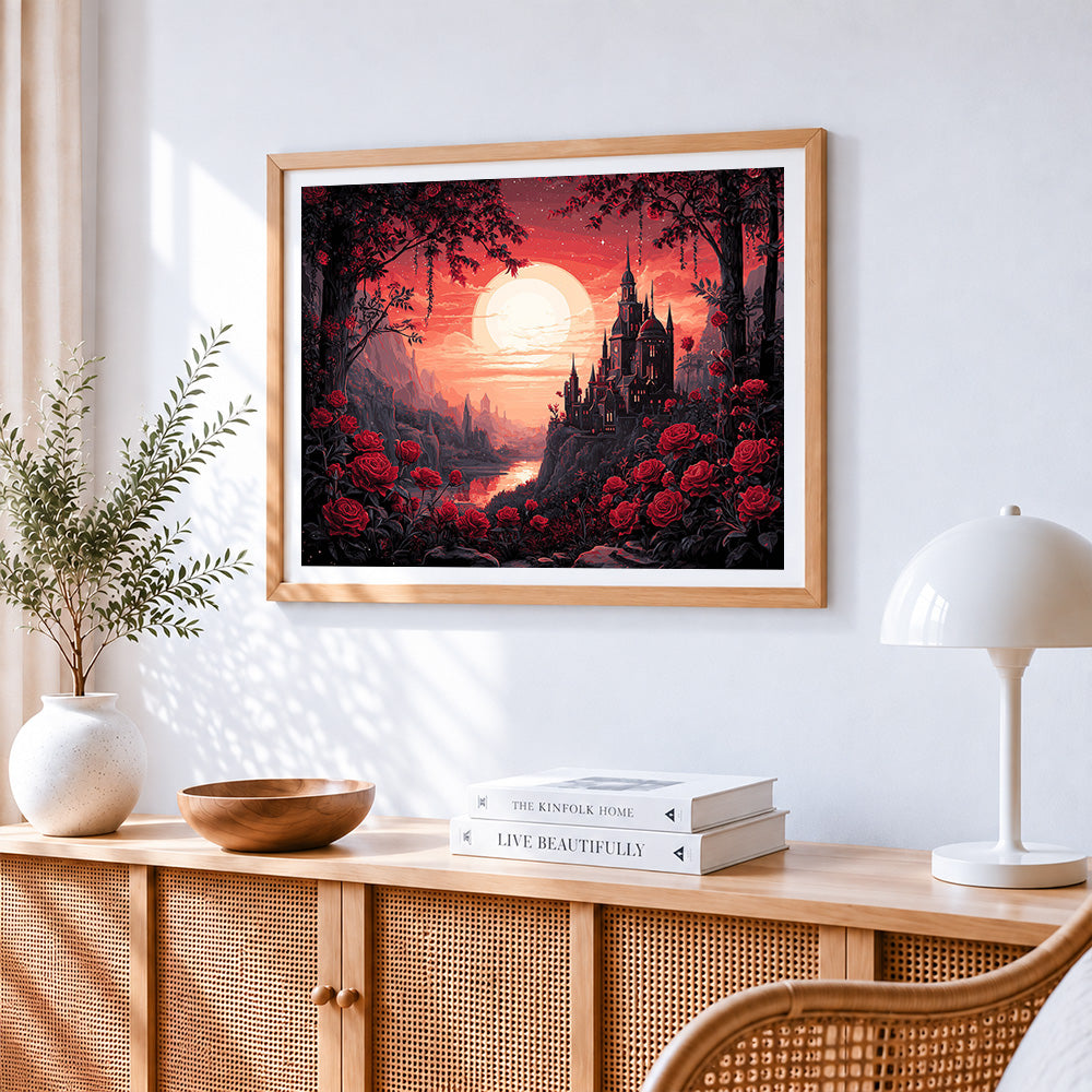 Dark castle surrounded by red roses cross stitch artwork displayed on wall as home decor