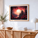 Dark castle surrounded by red roses cross stitch artwork displayed on wall as home decor