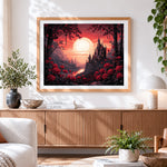 Finished dark castle surrounded by red roses paint by numbers artwork displayed as home decor
