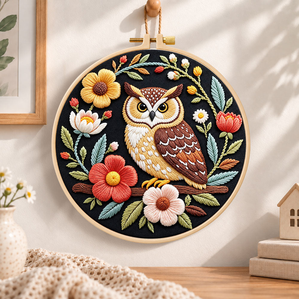 Dark floral owl embroidery hoop wall art displayed as warm and cosy handmade home decor