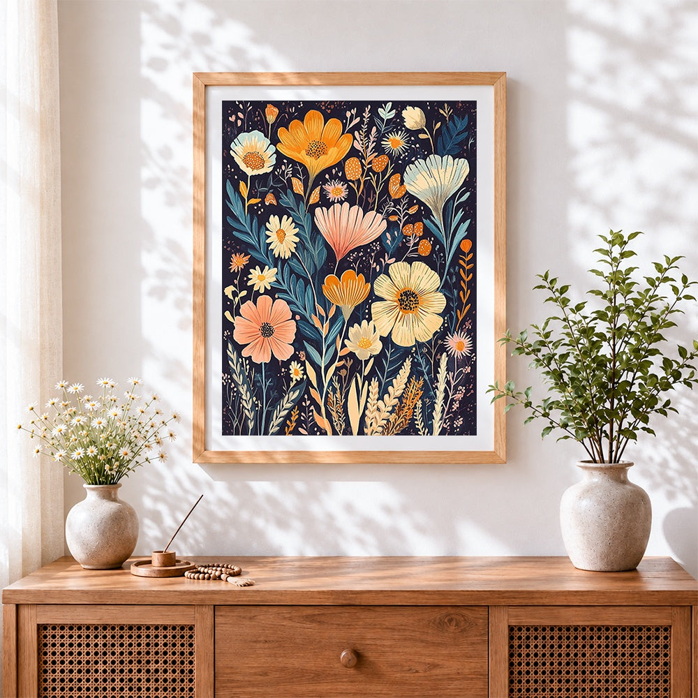 Finished dark floral pattern cross stitch artwork displayed