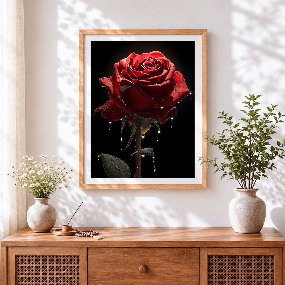 Finished dark red rose with water droplets cross stitch artwork displayed
