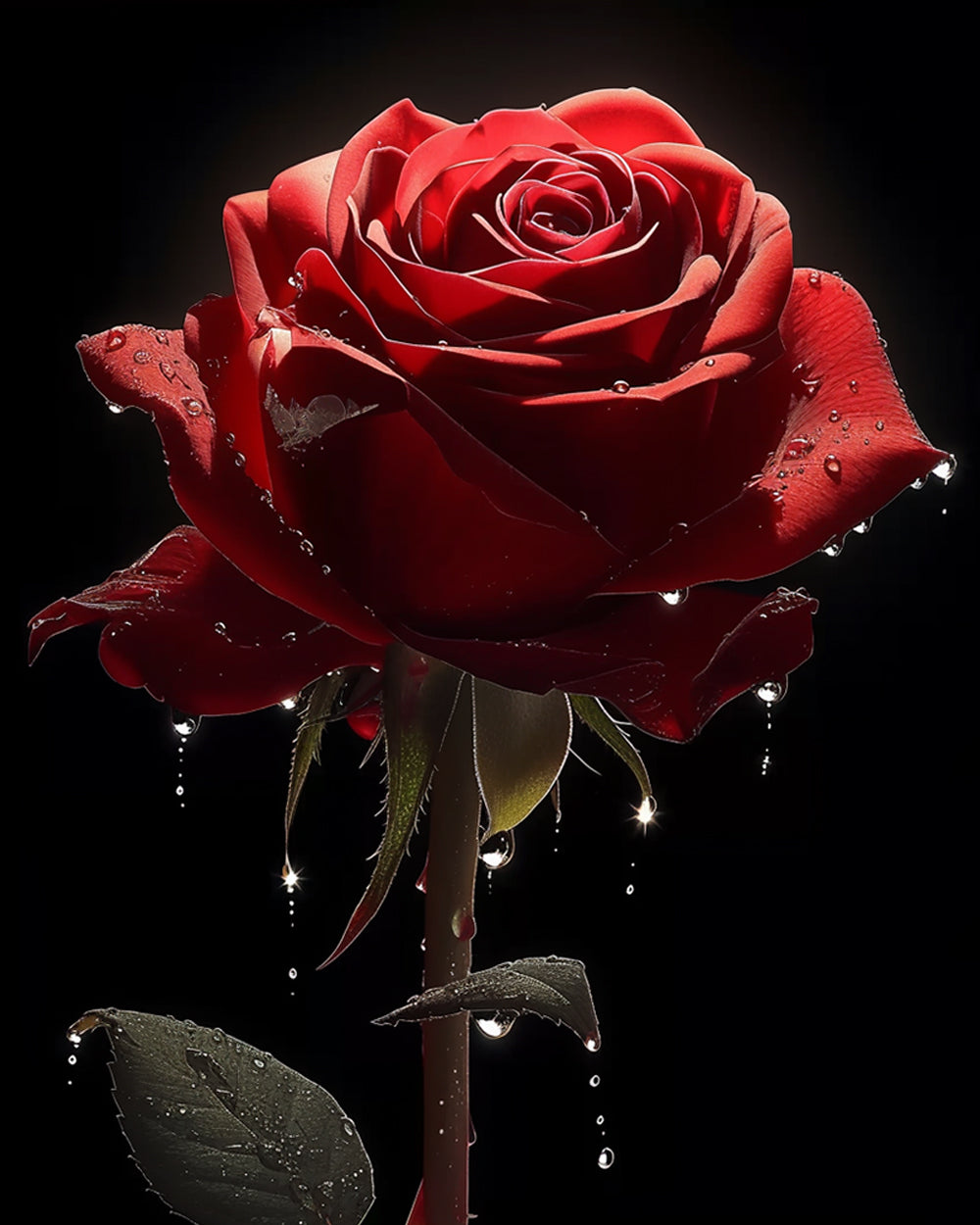Dark red rose with water droplets cross stitch kit for beginners