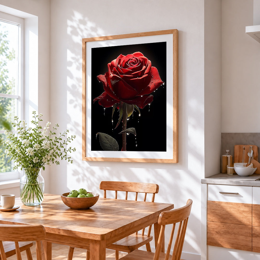 Dark red rose with water droplets cross stitch artwork displayed on wall as home decor