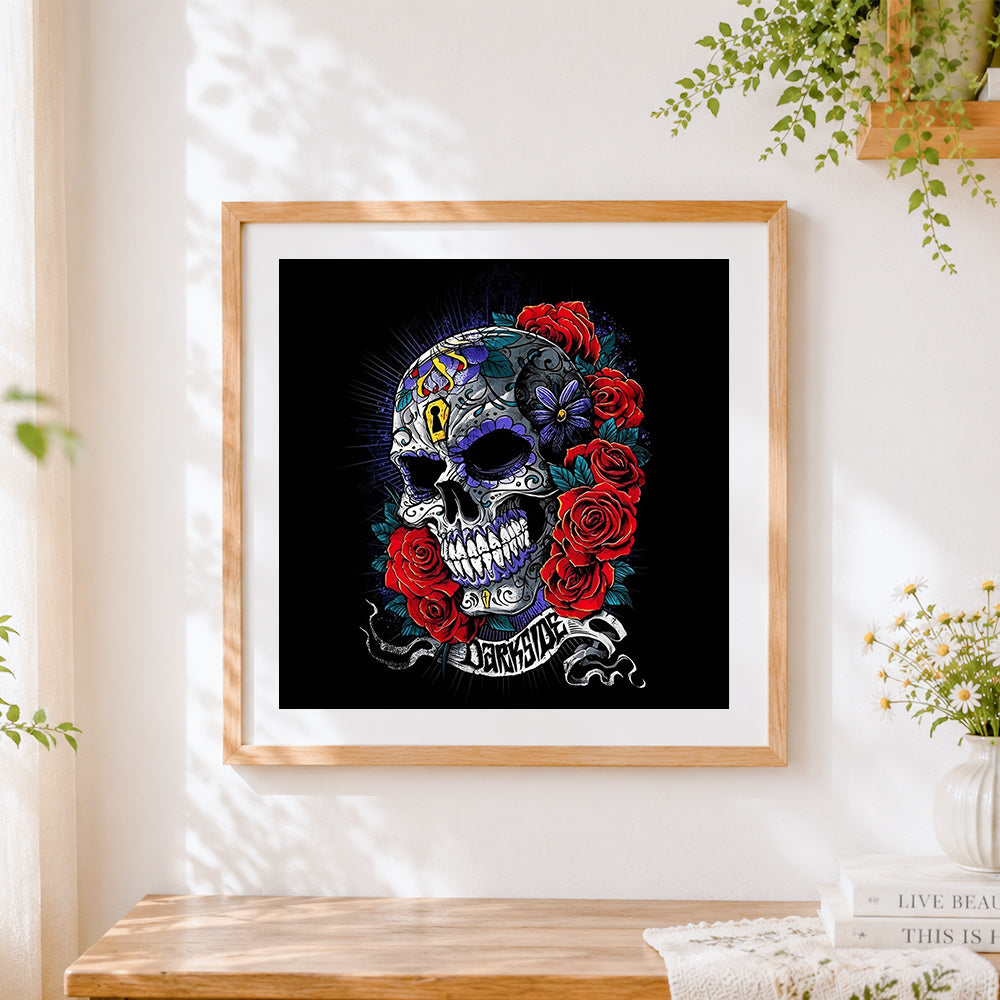 Finished dark style sugar skull cross stitch artwork displayed