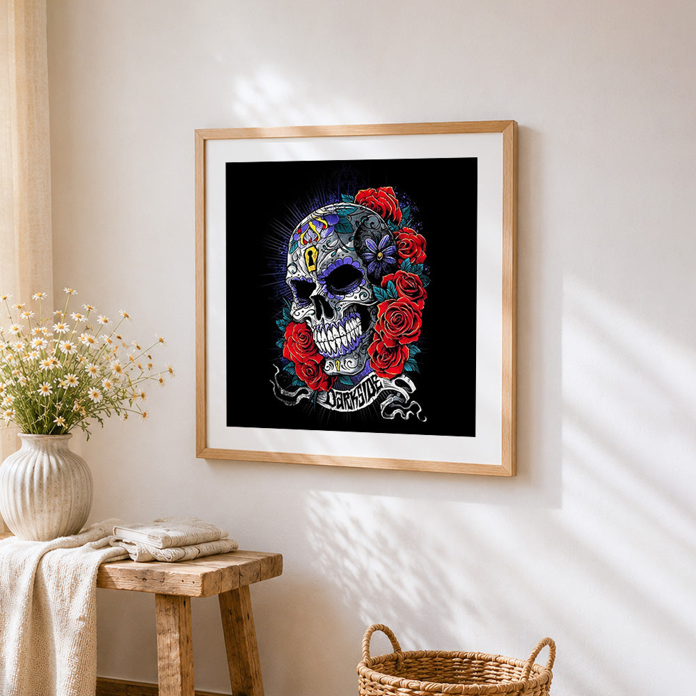Dark style sugar skull cross stitch artwork displayed on wall as home decor