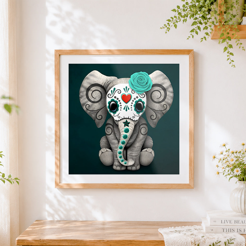Finished day of the dead sugar skull elephant cross stitch artwork displayed