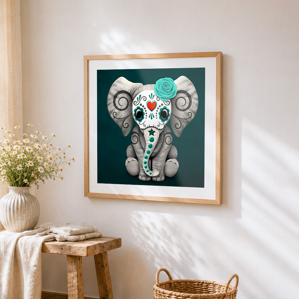 Day of the dead sugar skull elephant cross stitch artwork displayed on wall as home decor
