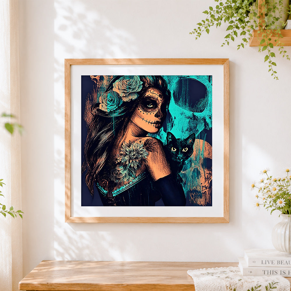 Finished day of the dead woman with black cat cross stitch artwork displayed