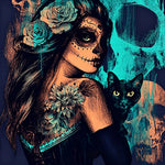 Day of the dead woman with black cat cross stitch kit for beginners