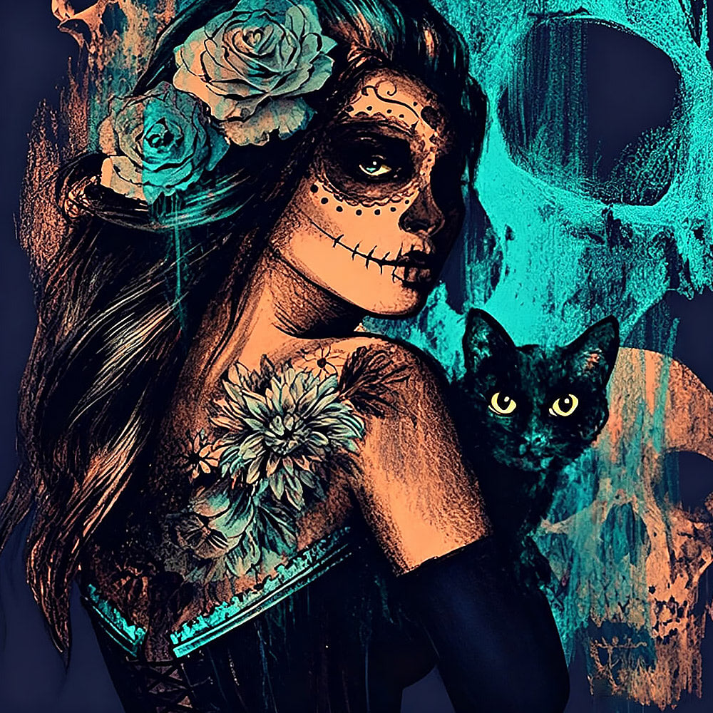 Day of the dead woman with black cat cross stitch kit for beginners