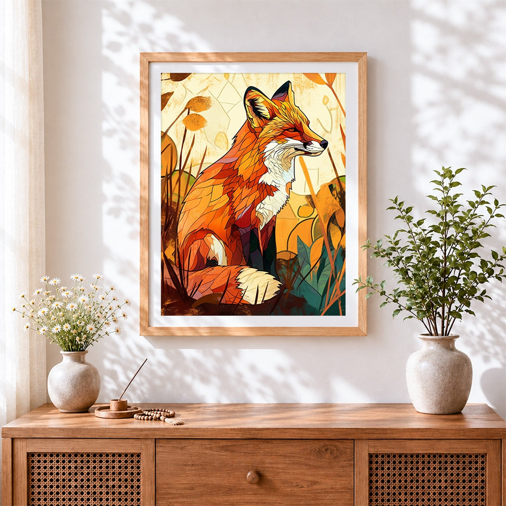 Finished decorative autumn fox cross stitch artwork displayed
