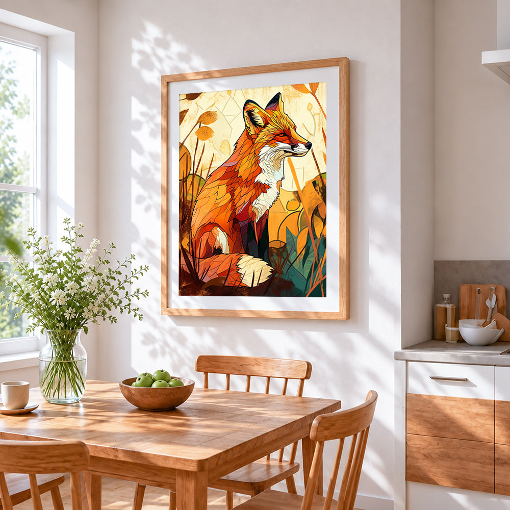 Decorative autumn fox cross stitch artwork displayed on wall as home decor