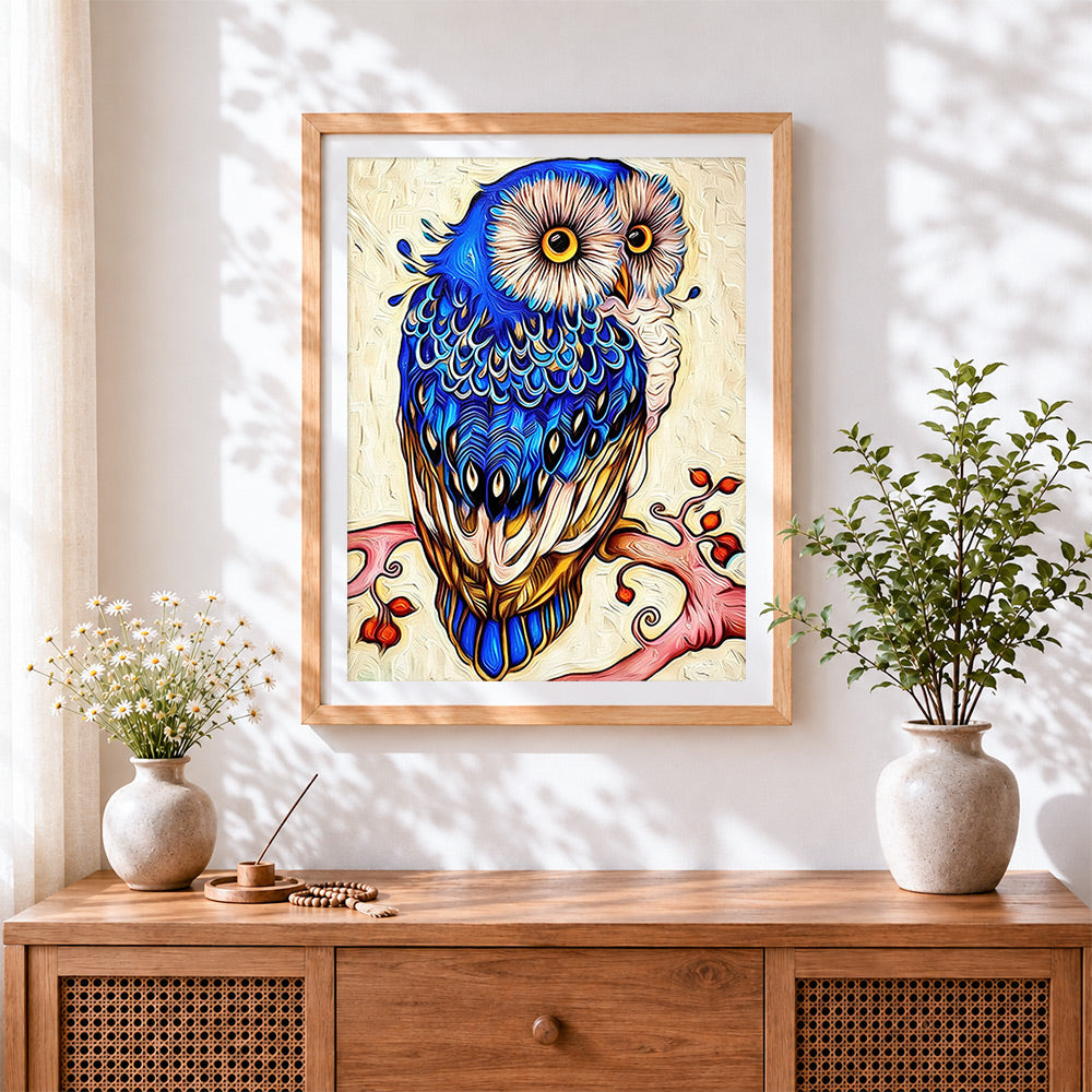 Finished decorative blue owl cross stitch artwork displayed