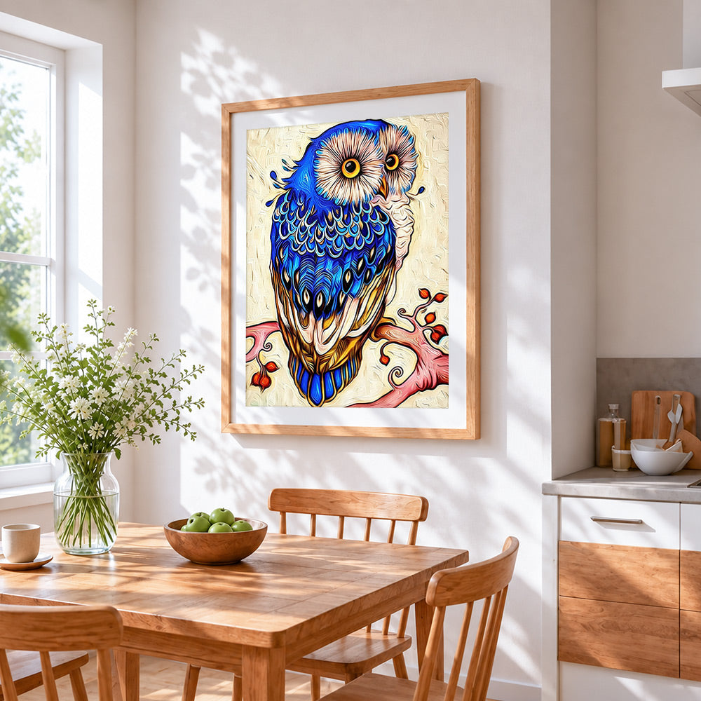 Decorative blue owl cross stitch artwork displayed on wall as home decor