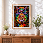 Finished decorative colourful owl cross stitch artwork displayed