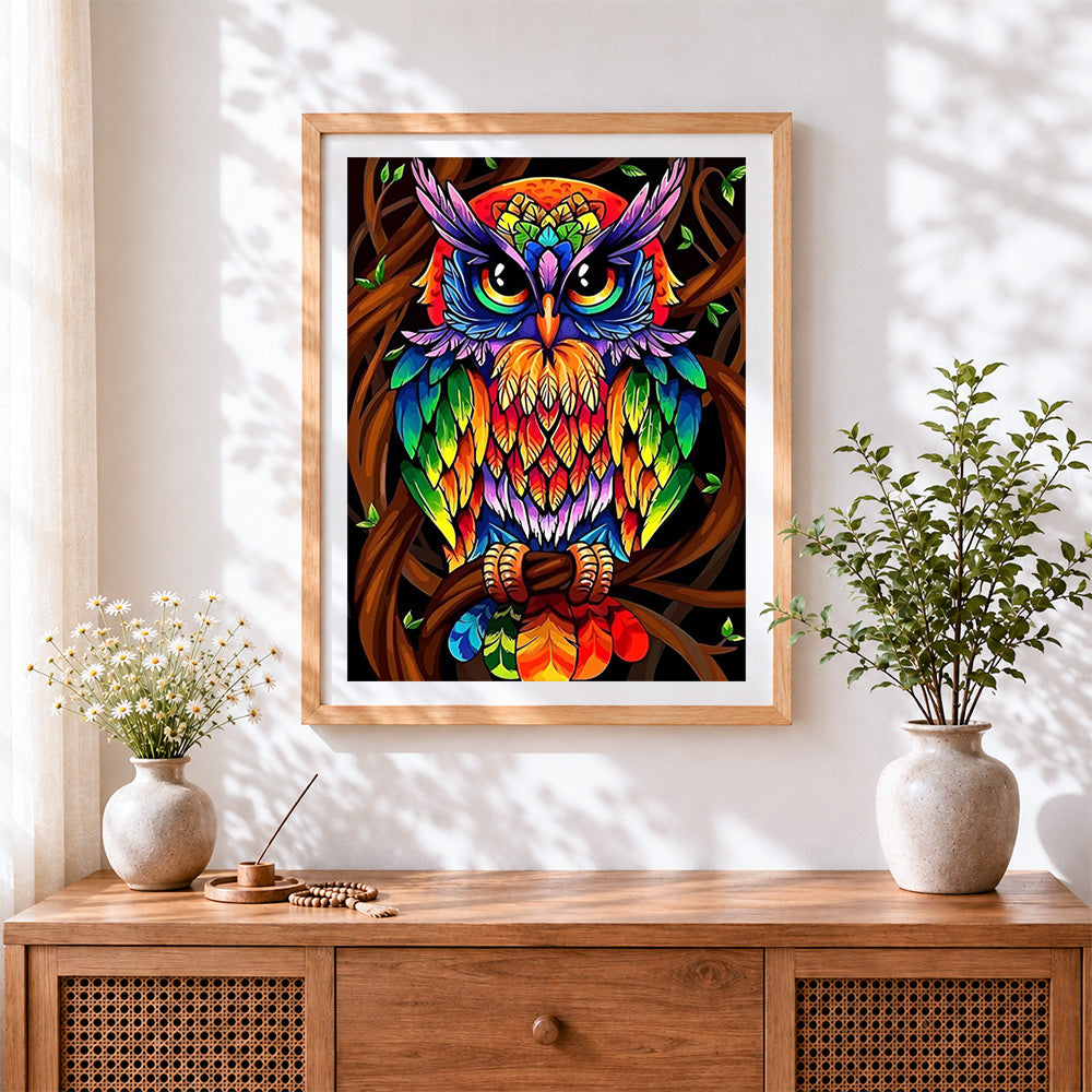 Finished decorative colourful owl cross stitch artwork displayed