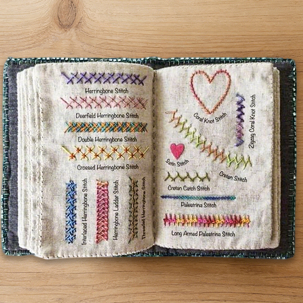 Decorative embroidery stitch book pages featuring beautiful hand embroidery stitch samples.