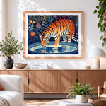 Finished decorative tiger drinking water paint by numbers artwork displayed as home decor