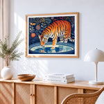 Decorative tiger drinking water paint by numbers artwork displayed on wall as home decor