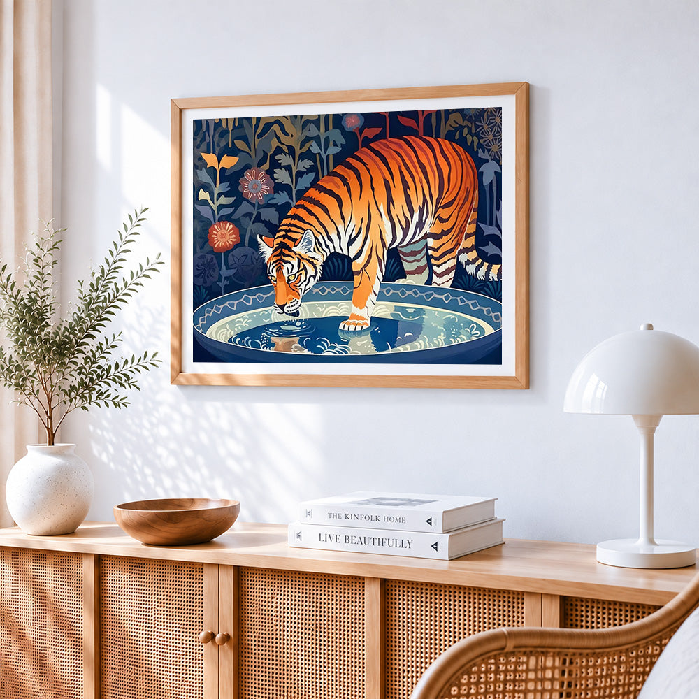 Decorative tiger drinking water paint by numbers artwork displayed on wall as home decor