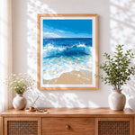 Finished deep blue ocean waves crashing cross stitch artwork displayed