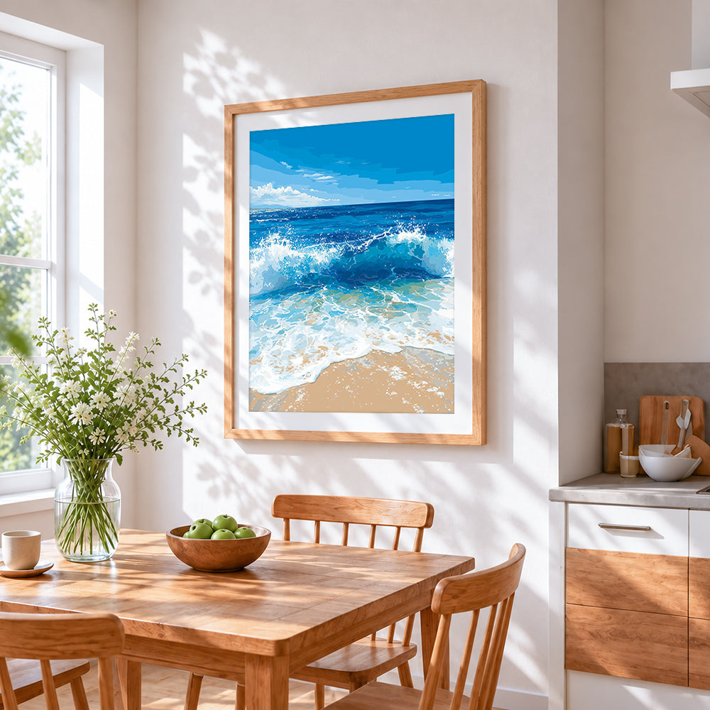 Deep blue ocean waves crashing cross stitch artwork displayed on wall as home decor