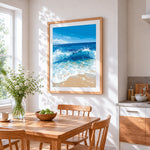 Deep blue ocean waves crashing cross stitch artwork displayed on wall as home decor