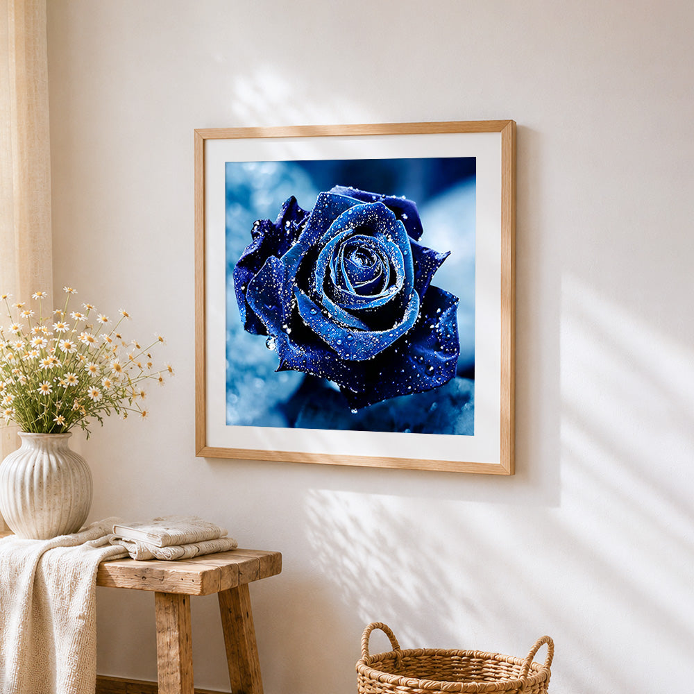 Deep blue rose with water droplets paint by numbers artwork displayed on wall as home decor