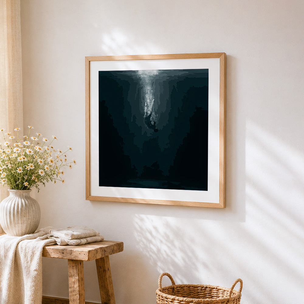 Deep sea diver cross stitch artwork displayed on wall as home decor
