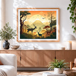 Finished deer family in a golden mountain landscape paint by numbers artwork displayed as home decor