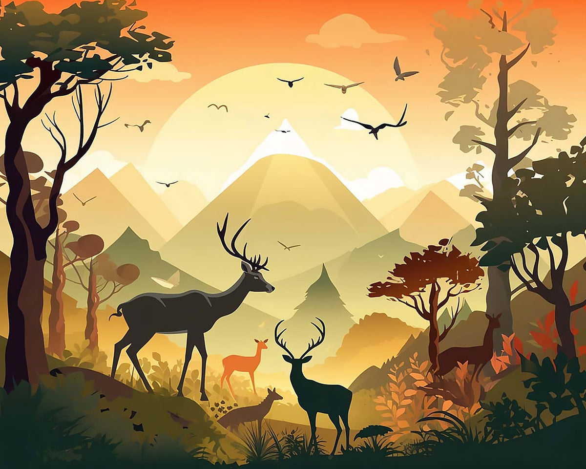 Deer family in a golden mountain landscape paint by numbers kit for beginners