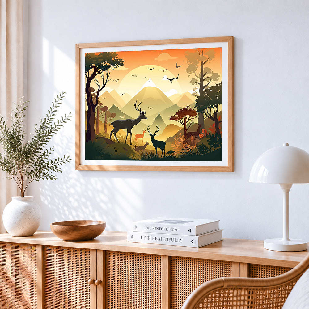 Deer family in a golden mountain landscape paint by numbers artwork displayed on wall as home decor