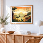Deer family in a golden mountain landscape paint by numbers artwork displayed on wall as home decor