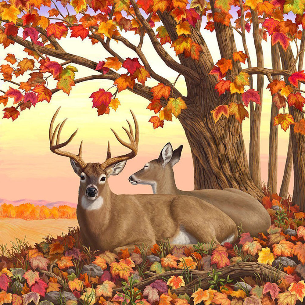 Deer family under autumn maple tree cross stitch kit for beginners