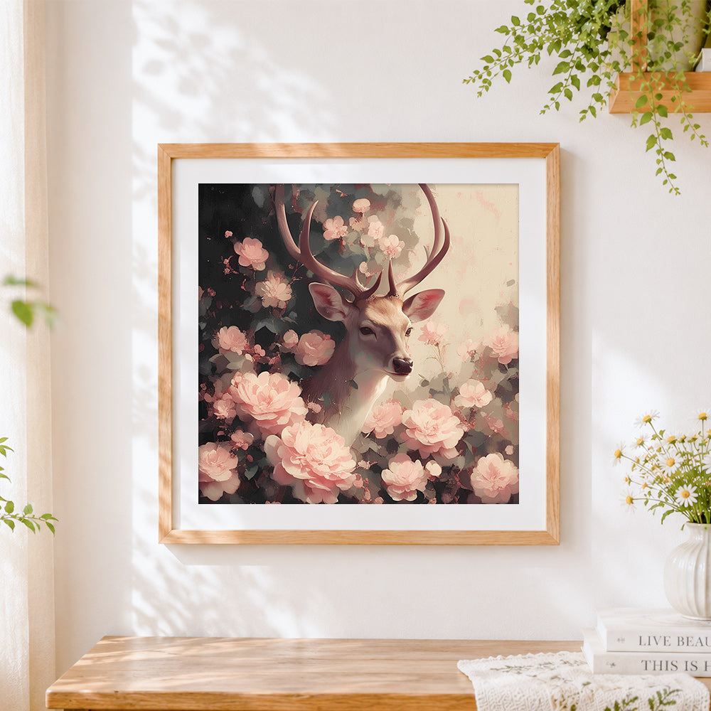 Finished deer in pink ranunculus cross stitch artwork displayed