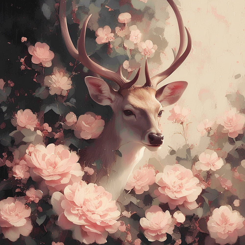 Deer in pink ranunculus cross stitch kit for beginners