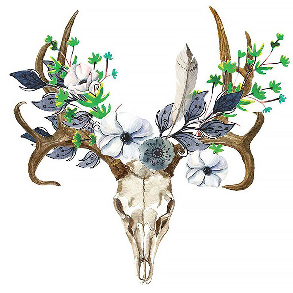 Deer skull with blue floral crown cross stitch kit for beginners