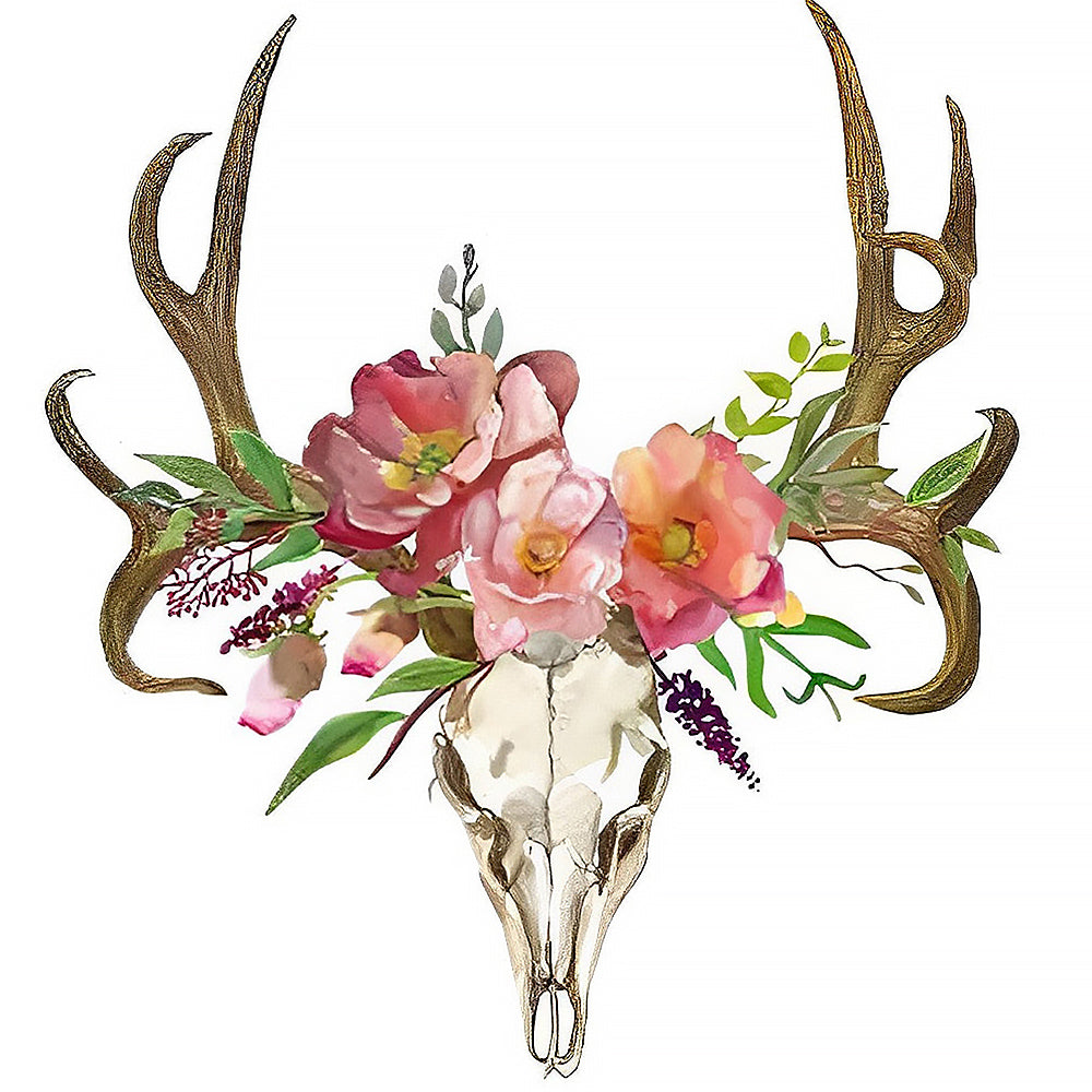 Deer skull with pink flowers cross stitch kit for beginners