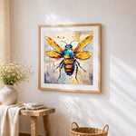 Delicate and beautiful bee cross stitch artwork displayed on wall as home decor