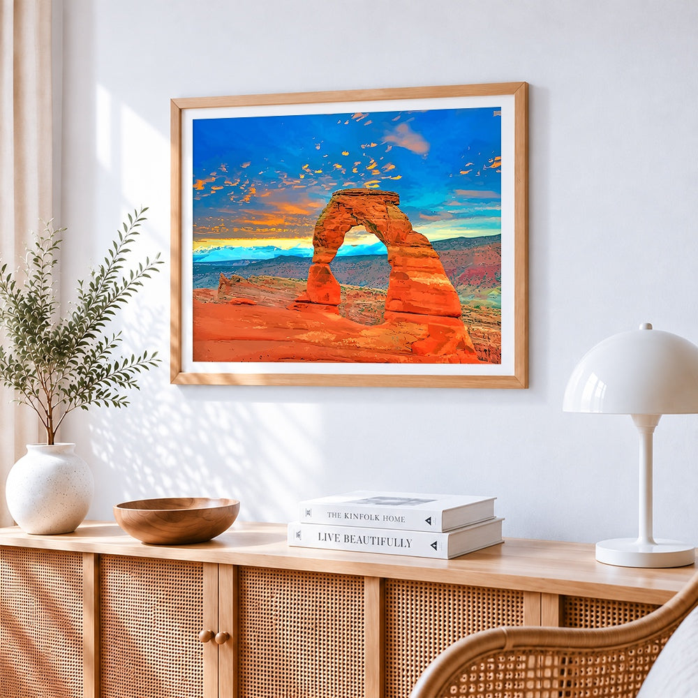 Delicate arch utah cross stitch artwork displayed on wall as home decor