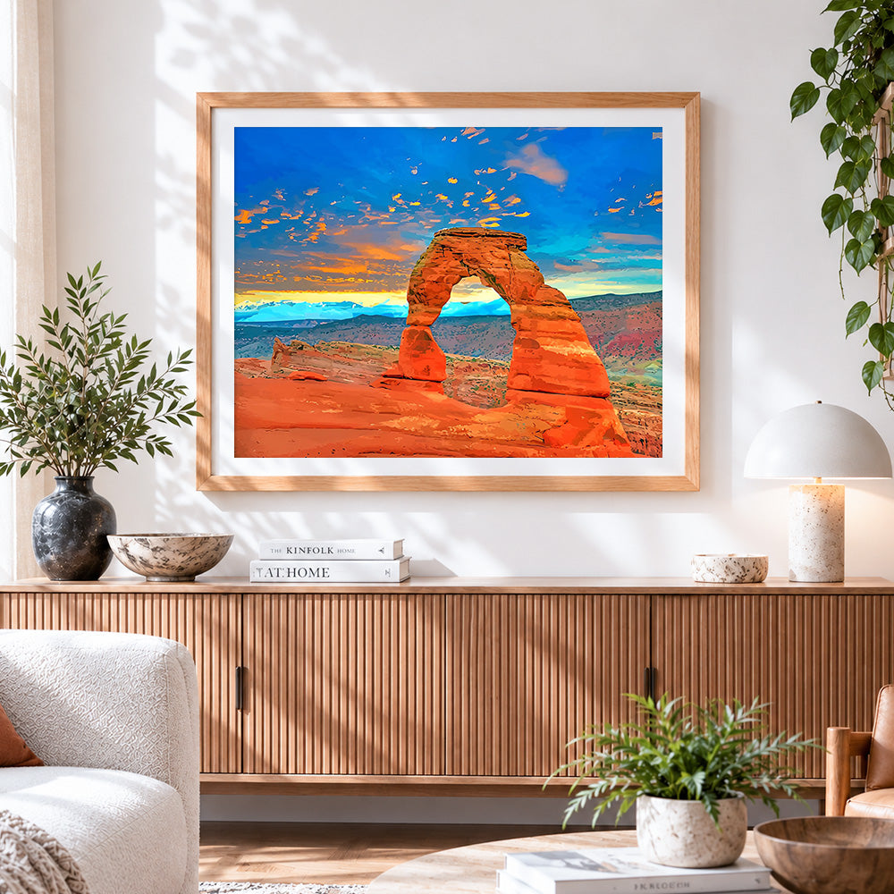 Finished delicate arch utah paint by numbers artwork displayed as home decor