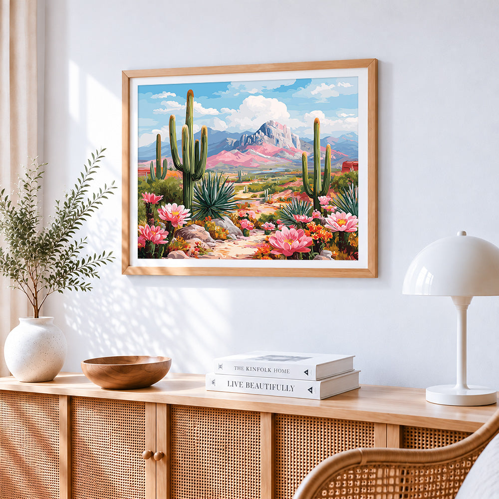Desert cactus and mountains paint by numbers artwork displayed on wall as home decor