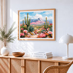 Desert cactus and mountains paint by numbers artwork displayed on wall as home decor