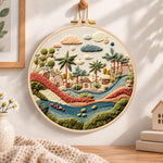 Desert stream hamlet embroidery hoop wall art displayed as warm and cosy handmade home decor
