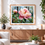 Finished dewy pink peony in a forest paint by numbers artwork displayed as home decor