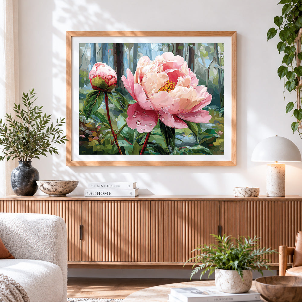 Finished dewy pink peony in a forest paint by numbers artwork displayed as home decor