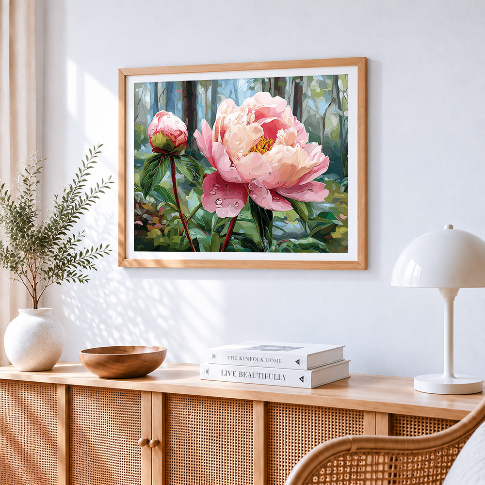 Dewy pink peony in a forest paint by numbers artwork displayed on wall as home decor