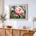 Dewy pink peony in a forest paint by numbers artwork displayed on wall as home decor